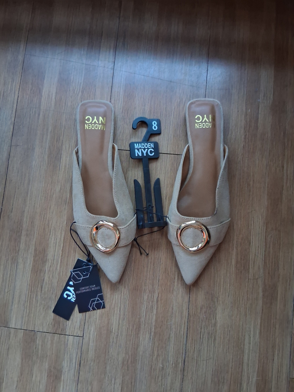 Madden NYC Women's Tan Pointed-Toe Mule with Gold Ring - Picture 1 of 3